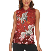 Hawaii Japan Cranes Sakura Flower Red Women Sleeveless Polo Shirt Japan Heritage Spirit - Polynesian Pride