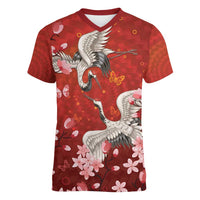 Hawaii Japan Cranes Sakura Flower Red Women V-Neck T-Shirt Japan Heritage Spirit - Polynesian Pride