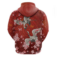 Hawaii Japan Cranes Sakura Flower Red Zip Hoodie Japan Heritage Spirit - Polynesian Pride