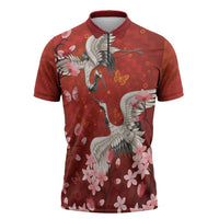 Hawaii Japan Cranes Sakura Flower Red Zipper Polo Shirt Japan Heritage Spirit LT01 Red - Polynesian Pride