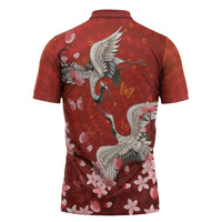 Hawaii Japan Cranes Sakura Flower Red Zipper Polo Shirt Japan Heritage Spirit LT01 - Polynesian Pride