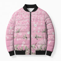 Cranes Sakura Floral Pink Pastel Bomber Puffer Jacket Hawaii Japan Culture - Polynesian Pride