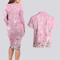 Cranes Sakura Floral Pink Pastel Couples Matching Long Sleeve Bodycon Dress and Hawaiian Shirt Hawaii Japan Culture - Polynesian Pride