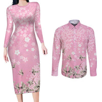Cranes Sakura Floral Pink Pastel Couples Matching Long Sleeve Bodycon Dress and Long Sleeve Button Shirt Hawaii Japan Culture - Polynesian Pride