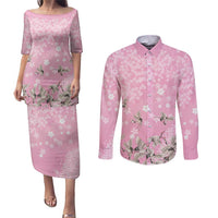 Cranes Sakura Floral Pink Pastel Couples Matching Puletasi and Long Sleeve Button Shirt Hawaii Japan Culture - Polynesian Pride