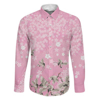 Cranes Sakura Floral Pink Pastel Family Matching Off The Shoulder Long Sleeve Dress and Hawaiian Shirt Hawaii Japan Culture LT01 Dad's Shirt - Long Sleeve Pink - Polynesian Pride