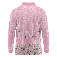 Cranes Sakura Floral Pink Pastel Long Sleeve Polo Shirt Hawaii Japan Culture - Polynesian Pride