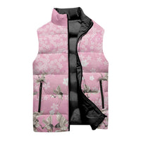 Cranes Sakura Floral Pink Pastel Sleeveless Puffer Jacket Hawaii Japan Culture - Polynesian Pride