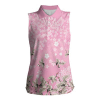 Cranes Sakura Floral Pink Pastel Women Sleeveless Polo Shirt Hawaii Japan Culture - Polynesian Pride