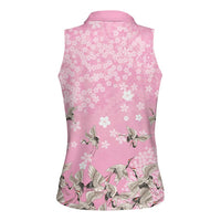 Cranes Sakura Floral Pink Pastel Women Sleeveless Polo Shirt Hawaii Japan Culture - Polynesian Pride