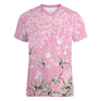 Cranes Sakura Floral Pink Pastel Women V-Neck T-Shirt Hawaii Japan Culture - Polynesian Pride