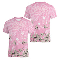 Cranes Sakura Floral Pink Pastel Women V-Neck T-Shirt Hawaii Japan Culture - Polynesian Pride