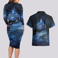 Personalised Matariki Kiwi Couples Matching Long Sleeve Bodycon Dress and Hawaiian Shirt Silver Fern LT01 - Polynesian Pride