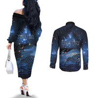 Personalised Matariki Kiwi Couples Matching Off The Shoulder Long Sleeve Dress and Long Sleeve Button Shirt Silver Fern LT01 - Polynesian Pride