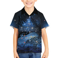 Personalised Matariki Kiwi Family Matching Off Shoulder Maxi Dress and Hawaiian Shirt Silver Fern LT01 Son's Shirt Black - Polynesian Pride