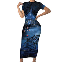 Personalised Matariki Kiwi Short Sleeve Bodycon Dress Silver Fern LT01 Long Dress Black - Polynesian Pride