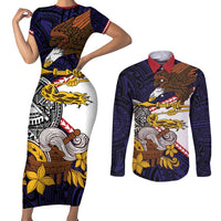 American Samoa Eagle Kava Bowl Couples Matching Short Sleeve Bodycon Dress and Long Sleeve Button Shirt Plumeria Polynesian Pattern