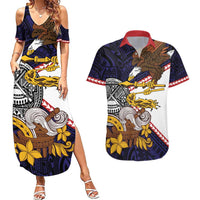 American Samoa Eagle Kava Bowl Couples Matching Summer Maxi Dress and Hawaiian Shirt Plumeria Polynesian Pattern