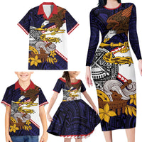 American Samoa Eagle Kava Bowl Family Matching Long Sleeve Bodycon Dress and Hawaiian Shirt Plumeria Polynesian Pattern