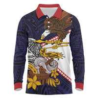 American Samoa Eagle Kava Bowl Long Sleeve Polo Shirt Plumeria Polynesian Pattern LT01 Black - Polynesian Pride