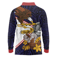American Samoa Eagle Kava Bowl Long Sleeve Polo Shirt Plumeria Polynesian Pattern LT01 - Polynesian Pride