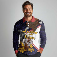 American Samoa Eagle Kava Bowl Long Sleeve Polo Shirt Plumeria Polynesian Pattern LT01 - Polynesian Pride
