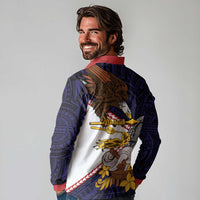 American Samoa Eagle Kava Bowl Long Sleeve Polo Shirt Plumeria Polynesian Pattern LT01 - Polynesian Pride