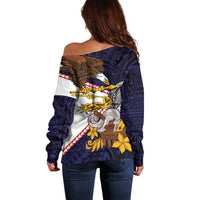American Samoa Eagle Kava Bowl Off Shoulder Sweater Plumeria Polynesian Pattern