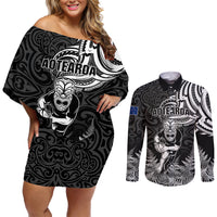 New Zealand Silver Fern Rugby Couples Matching Off Shoulder Short Dress and Long Sleeve Button Shirts Maori Tiki Player With Ta Moko Tribal LT01 Black - Polynesian Pride