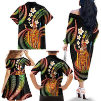 Hawaii King Kamehameha Family Matching Off The Shoulder Long Sleeve Dress and Hawaiian Shirt Fantastic Plumeria Reggae