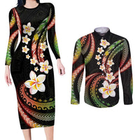 Hawaii Plumeria Reggae Couples Matching Long Sleeve Bodycon Dress and Long Sleeve Button Shirt Polynesian Pattern