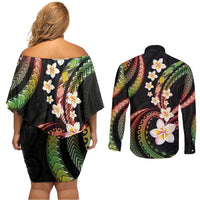 Hawaii Plumeria Reggae Couples Matching Off Shoulder Short Dress and Long Sleeve Button Shirt Polynesian Pattern