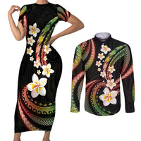 Hawaii Plumeria Reggae Couples Matching Short Sleeve Bodycon Dress and Long Sleeve Button Shirt Polynesian Pattern