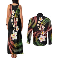 Hawaii Plumeria Reggae Couples Matching Tank Maxi Dress and Long Sleeve Button Shirt Polynesian Pattern
