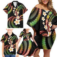 Hawaii Plumeria Reggae Family Matching Off Shoulder Short Dress and Hawaiian Shirt Polynesian Pattern