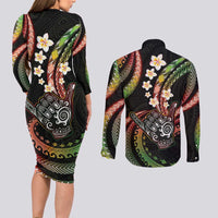 Hawaii Shaka Sign Couples Matching Long Sleeve Bodycon Dress and Long Sleeve Button Shirt Fantastic Frangipani Reggae