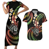 Hawaii Shaka Sign Couples Matching Short Sleeve Bodycon Dress and Hawaiian Shirt Fantastic Frangipani Reggae