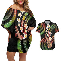 Hawaiian Ukulele Couples Matching Off Shoulder Short Dress and Hawaiian Shirt Jawaiian Fantastic Plumeria