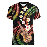 Hawaiian Ukulele Women V-Neck T-Shirt Jawaiian Fantastic Plumeria LT01 Female Reggae - Polynesian Pride
