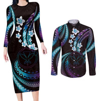 Hawaii Map Kanaka Maoli Couples Matching Long Sleeve Bodycon Dress and Long Sleeve Button Shirt Fantastic Frangipani Amethyst Gradient LT01 Purple - Polynesian Pride