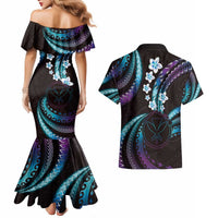 Hawaii Map Kanaka Maoli Couples Matching Mermaid Dress and Hawaiian Shirt Fantastic Frangipani Amethyst Gradient LT01 - Polynesian Pride