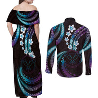 Hawaii Map Kanaka Maoli Couples Matching Off Shoulder Maxi Dress and Long Sleeve Button Shirt Fantastic Frangipani Amethyst Gradient LT01 - Polynesian Pride