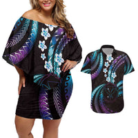 Hawaii Map Kanaka Maoli Couples Matching Off Shoulder Short Dress and Hawaiian Shirt Fantastic Frangipani Amethyst Gradient LT01 Purple - Polynesian Pride
