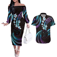 Hawaii Map Kanaka Maoli Couples Matching Off The Shoulder Long Sleeve Dress and Hawaiian Shirt Fantastic Frangipani Amethyst Gradient