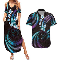Hawaii Map Kanaka Maoli Couples Matching Summer Maxi Dress and Hawaiian Shirt Fantastic Frangipani Amethyst Gradient LT01 Purple - Polynesian Pride