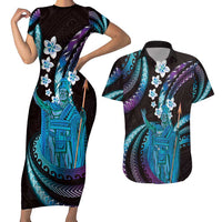 Hawaii King Kamehameha Couples Matching Short Sleeve Bodycon Dress and Hawaiian Shirt Fantastic Plumeria Amethyst Gradient