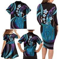 Hawaii King Kamehameha Family Matching Long Sleeve Bodycon Dress and Hawaiian Shirt Fantastic Plumeria Amethyst Gradient LT01 - Polynesian Pride