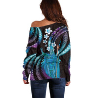 Hawaii King Kamehameha Off Shoulder Sweater Fantastic Plumeria Amethyst Gradient