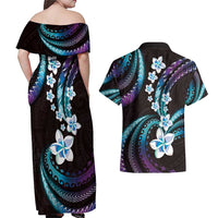 Hawaii Plumeria Couples Matching Off Shoulder Maxi Dress and Hawaiian Shirt Amethyst Gradient Polynesian Pattern