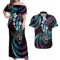 Hawaii Shaka Sign Couples Matching Off Shoulder Maxi Dress and Hawaiian Shirt Fantastic Frangipani Amethyst Gradient